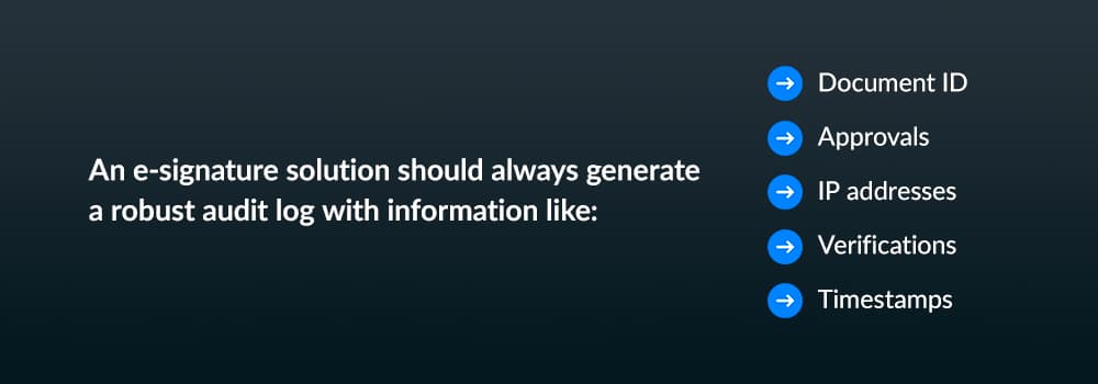 An e-signature solution should always generate a robust audit log with information like: document ID, approvals, IP addresses, verifications, timestamps
