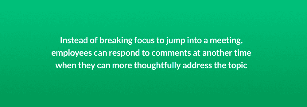 Instead of breaking focus to jump into a meeting employees can respond to comments at another time when they can more thoughtfully address the topic