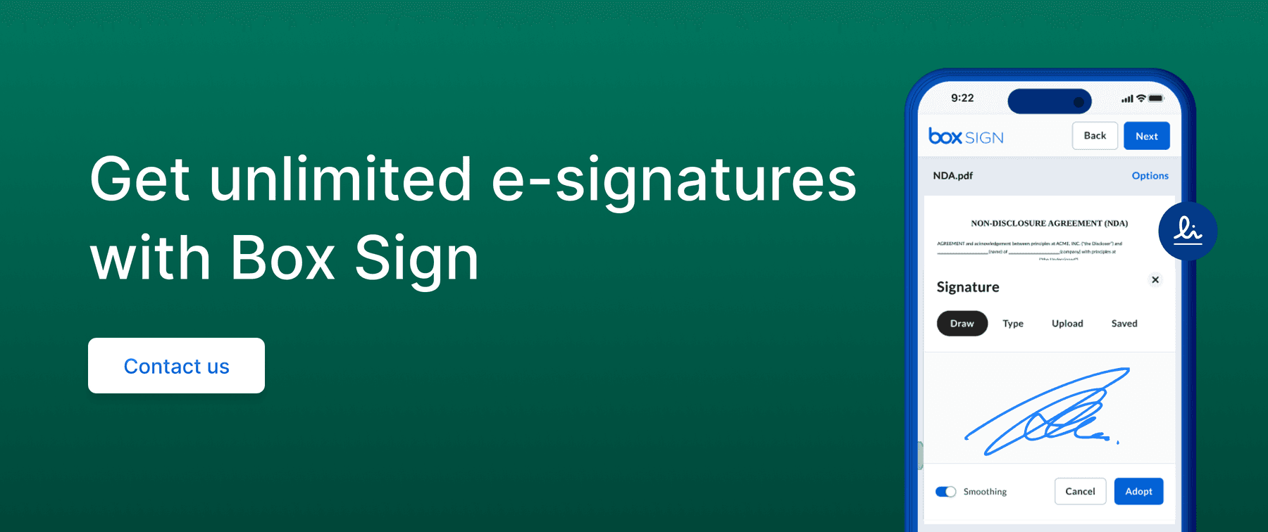 Call to action to get unlimited e-signatures with Box Sign.